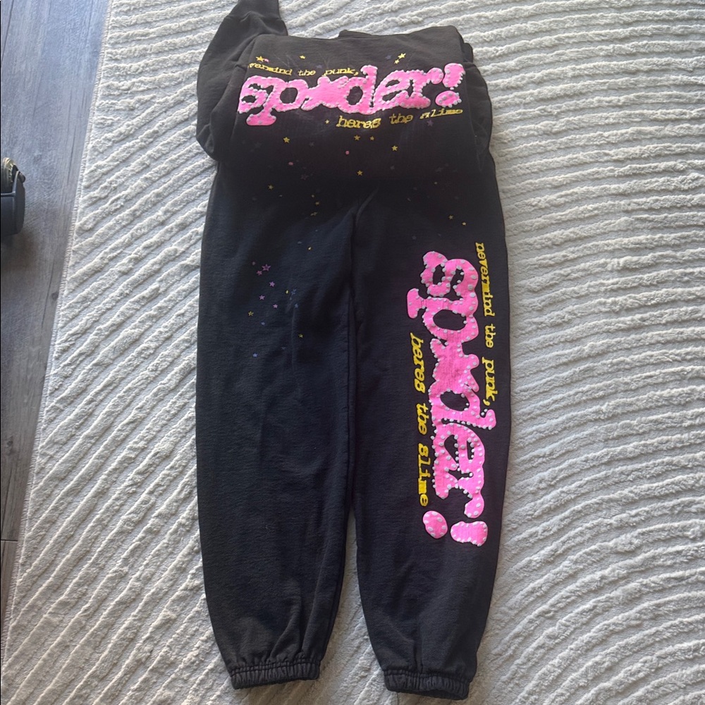 Sp5der Oryginal Kids Black Joggers with hoodie with Pink Accents.
